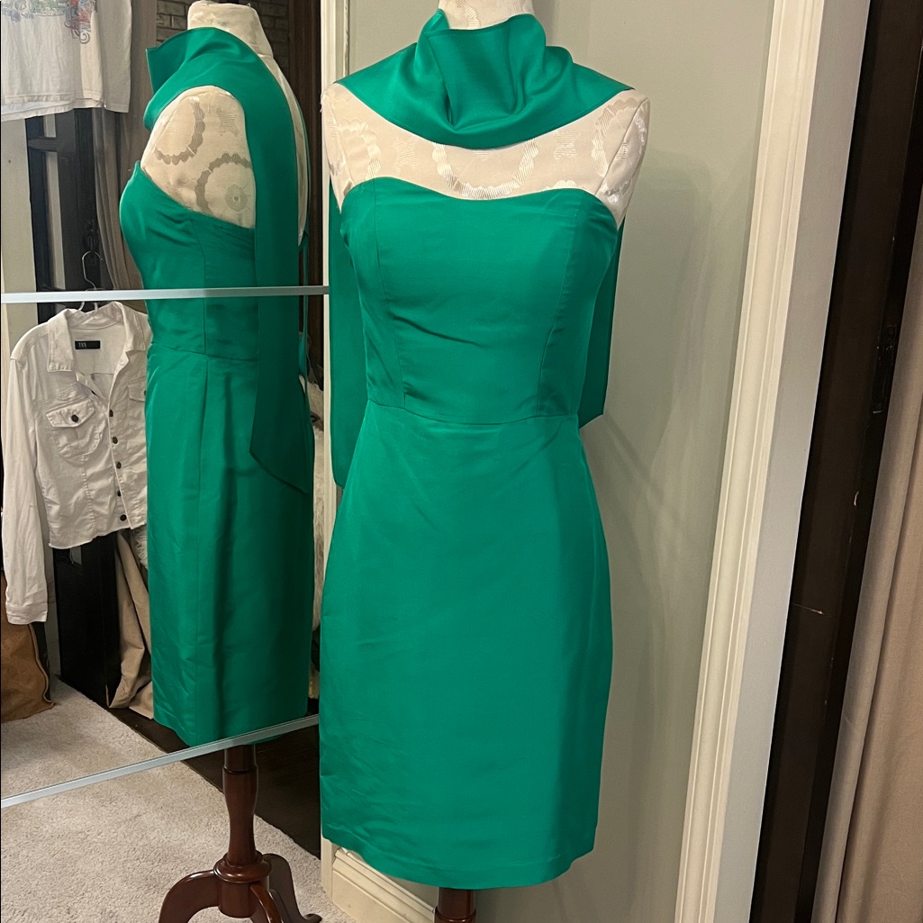 Vintage Jenny Yoo Emerald Green Midi Dress With Lace Yoke And Cowl Neck